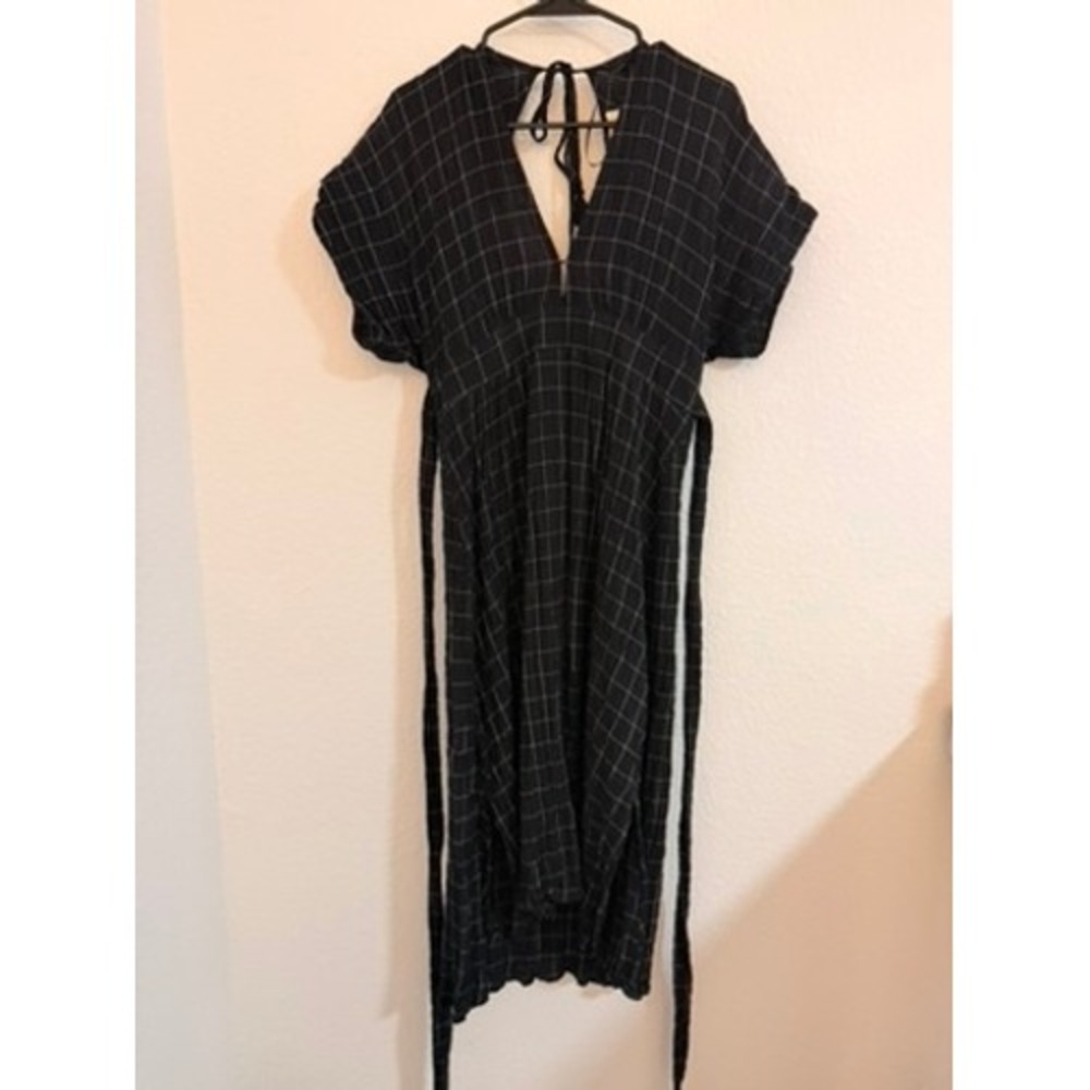 Lovestitch Black White Windowpane Plaid Midi Dress Tie Back Tassel Size M